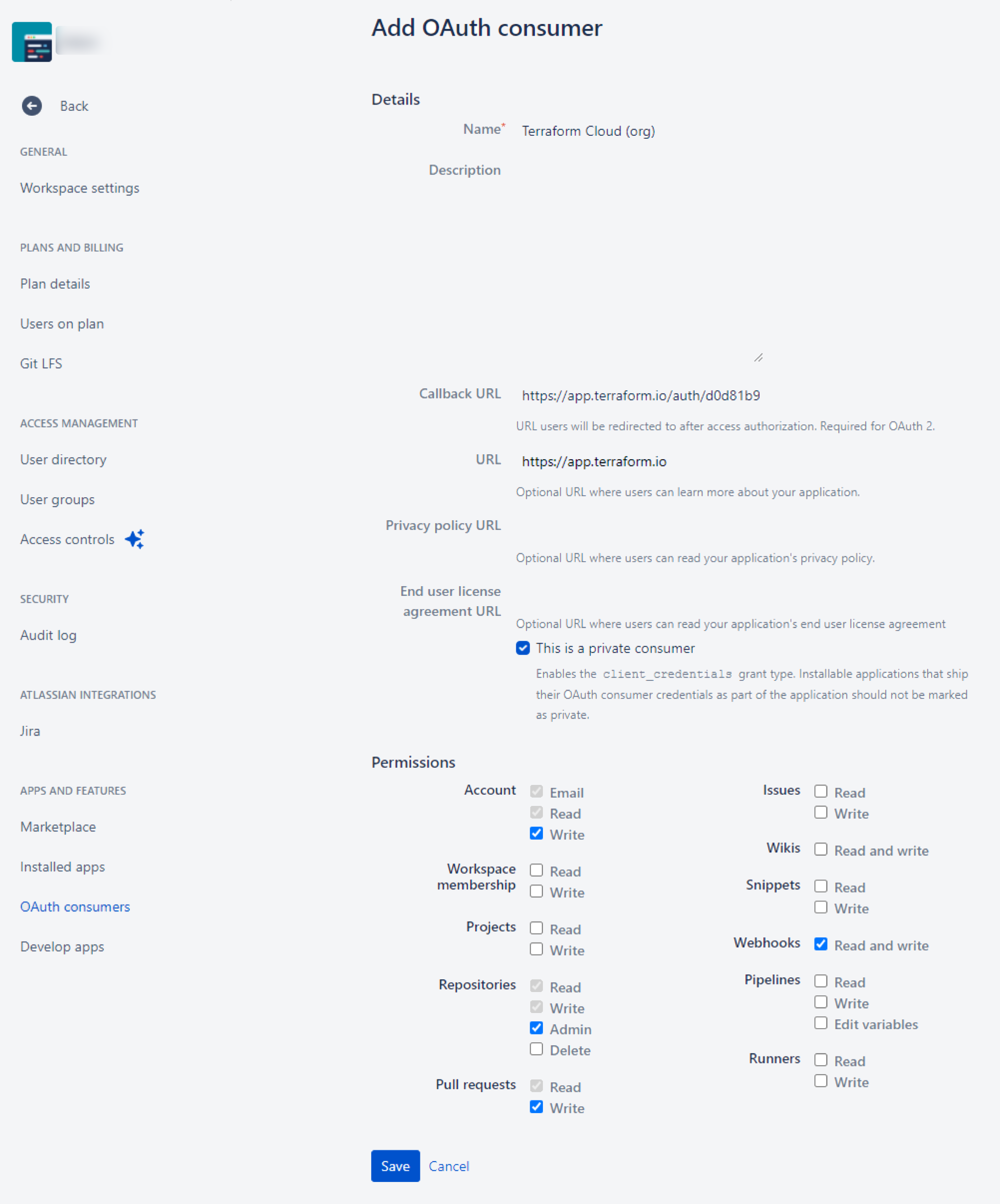 Bitbucket Cloud screenshot: New OAuth consumer text fields and permissions checkboxes