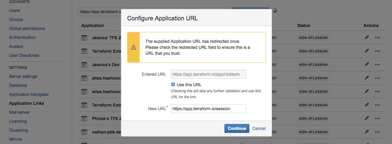 Bitbucket Server screenshot: confirming organization URL