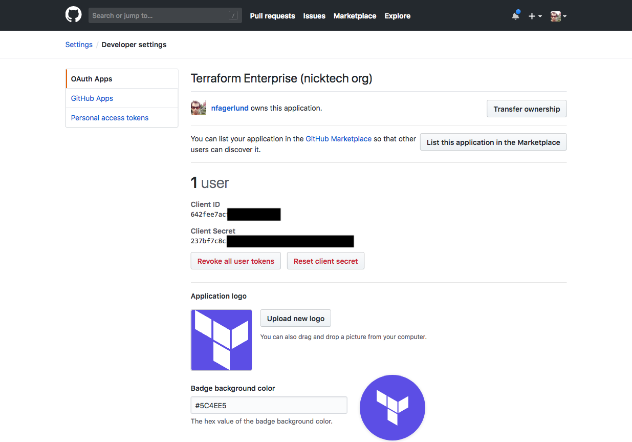 GitHub screenshot: the new application's client ID and client secret