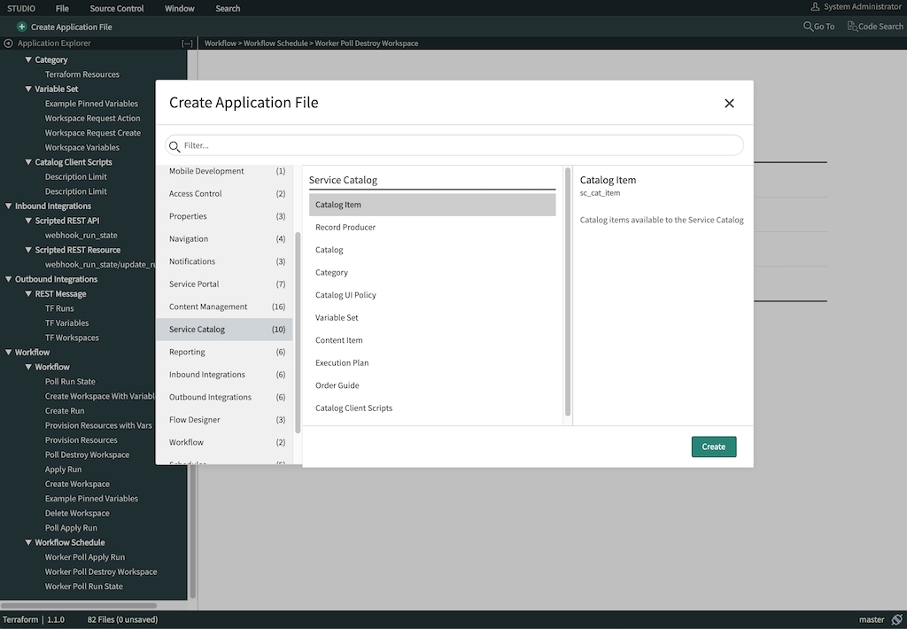 screenshot: ServiceNow integration create catalog item