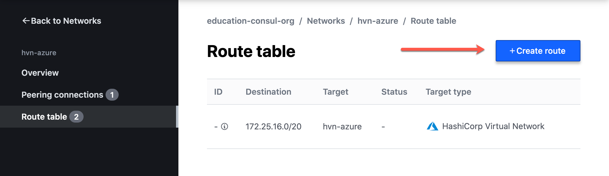 HVN Peering Connection details view with an arrow pointing to the "Create route" button