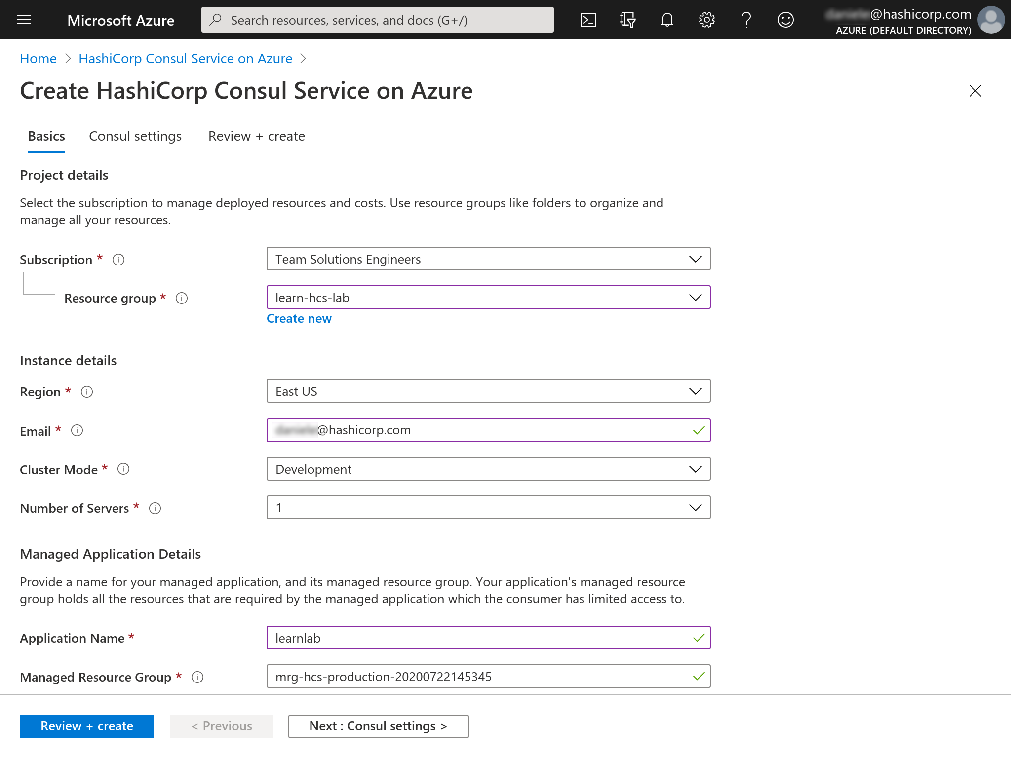 Azure Marketplace create Consul service basic tab