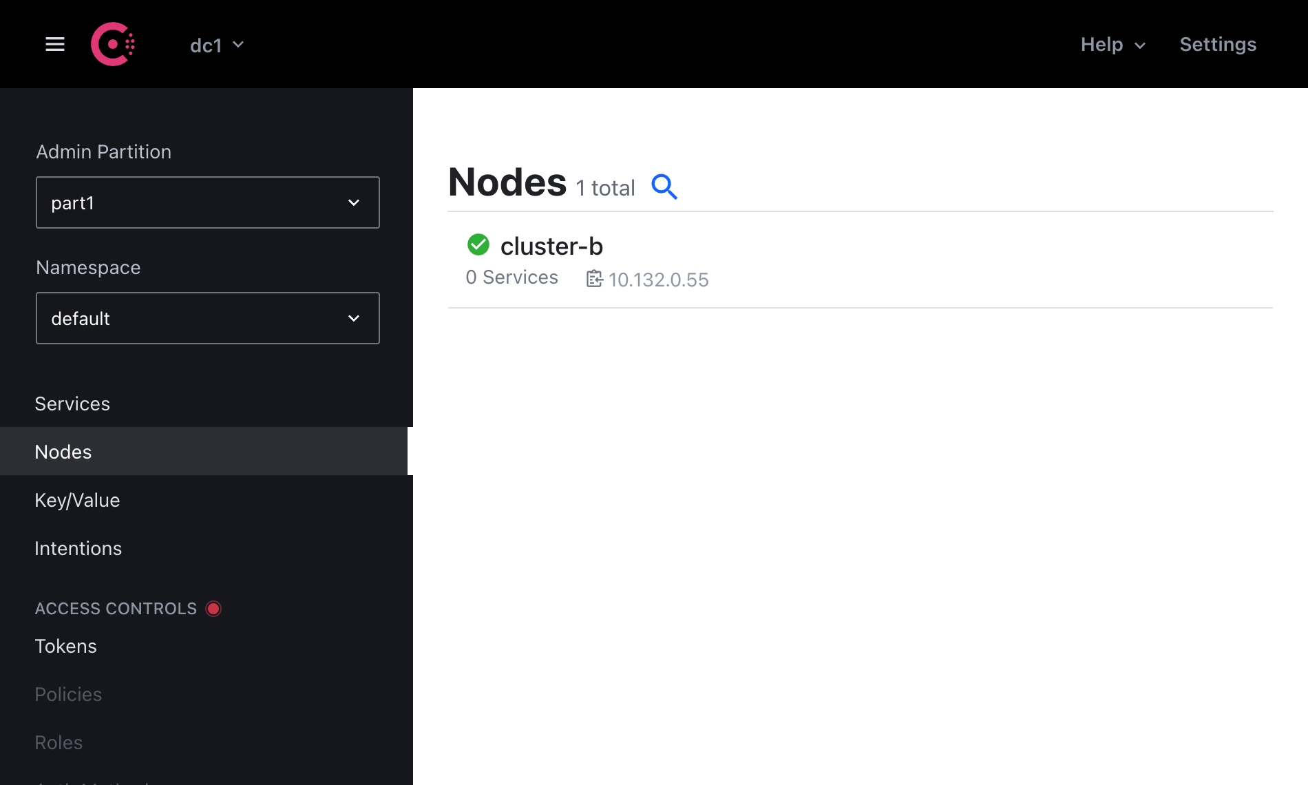 Consul UI showing cluster-b nodes
