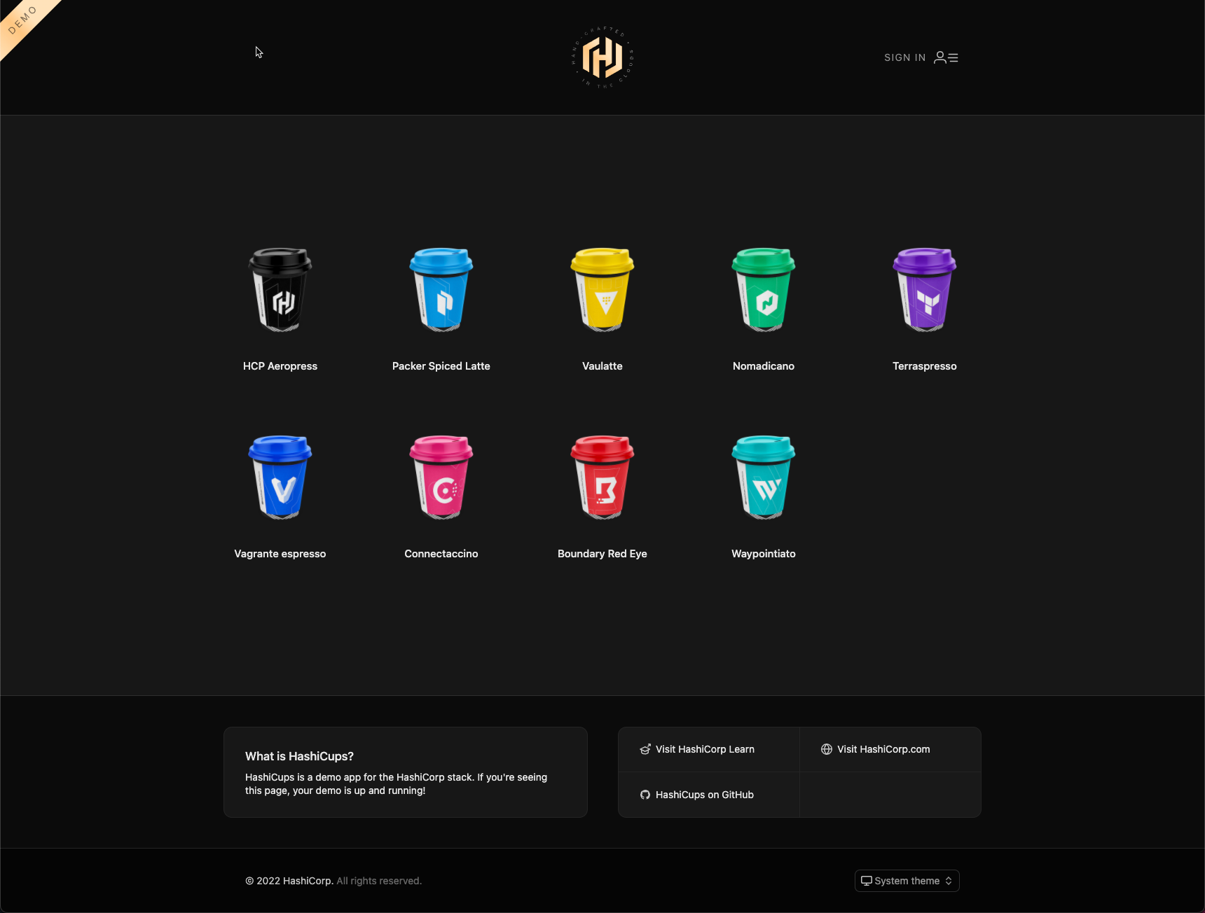 Image of the HashiCups storefront, picturing 10 unique beverages with a pun on a HashiCorp product