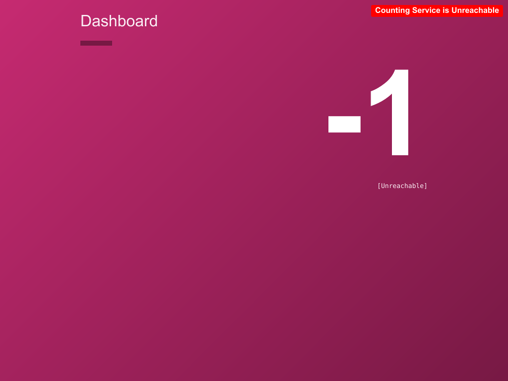 Image of Dashboard UI. There is white text on a magenta background, with the
page title "Dashboard" at the top left. There is a red indicator in the top
right with the words "Counting Service is Unreachable" in white.  There is a
large number -1 to show sample counting output. The word "Unreachable"
surrounded by square brackets is in monospaced type underneath the large
numbers.