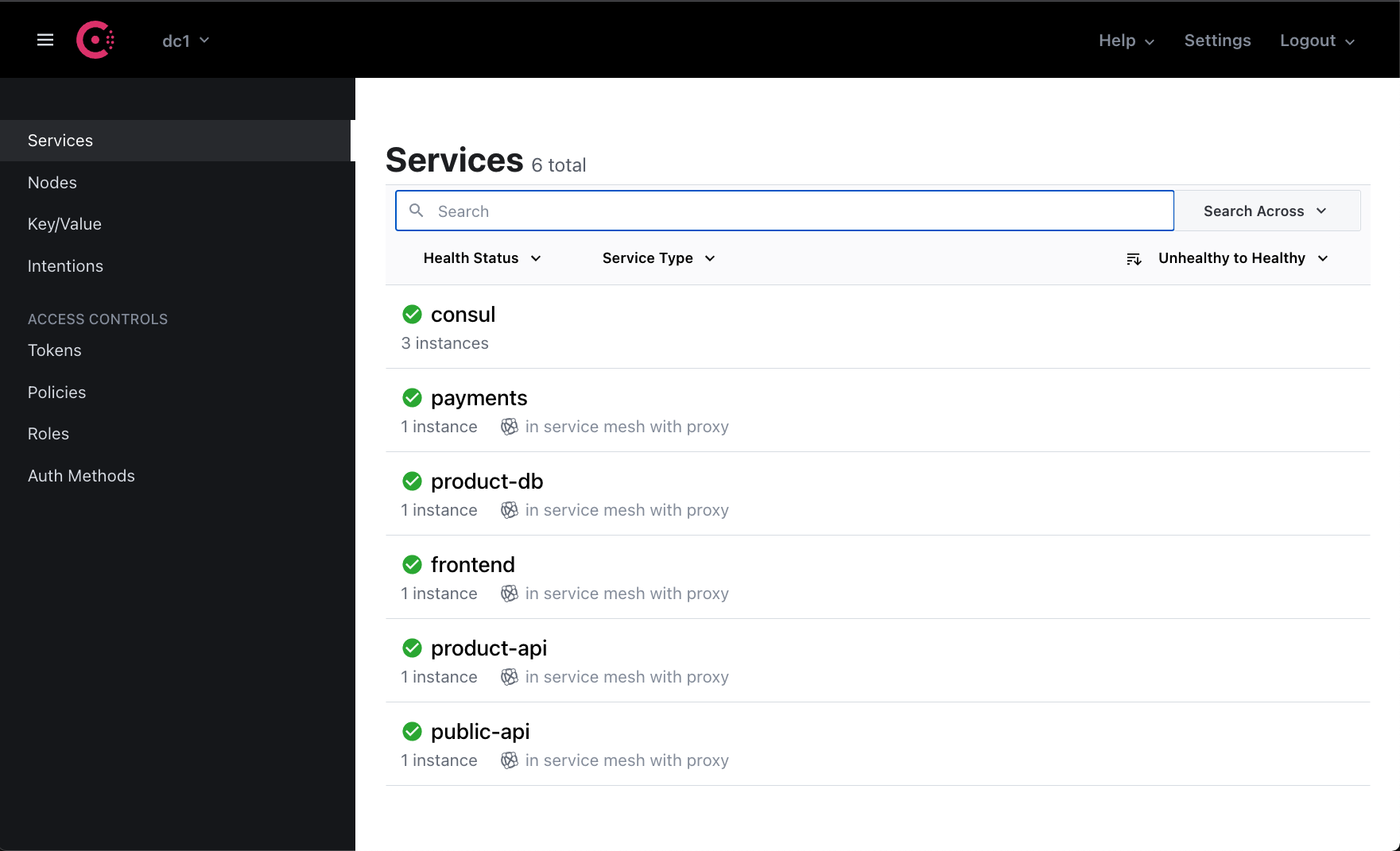 Consul UI overview page of all services