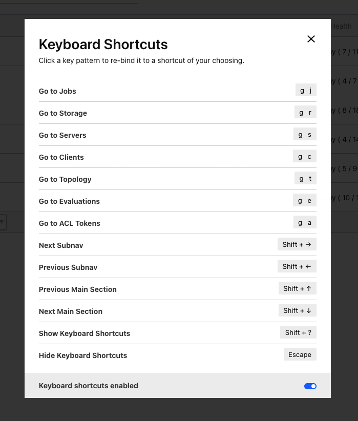 Nomad UI with the Keyboard Shortcuts modal open