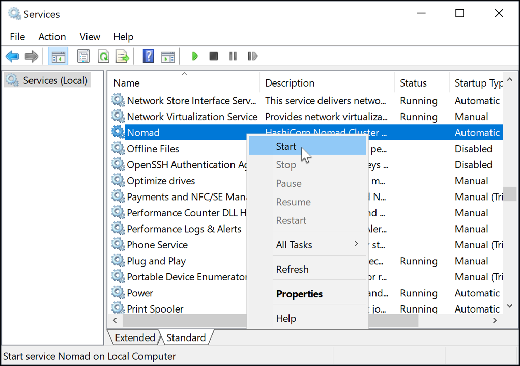 Image of the Windows Services UI showing the Nomad Service with the context
menu open. The mouse pointer is on the "Start" option, which is
highlighted