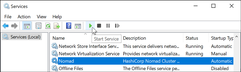 Image of the Windows Services UI showing the Nomad Service selected with the
mouse pointer over the Start Service button with the tooltip
showing.