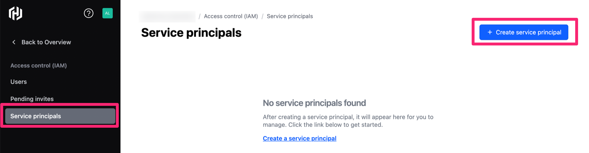 Create service principal button on Service principals page