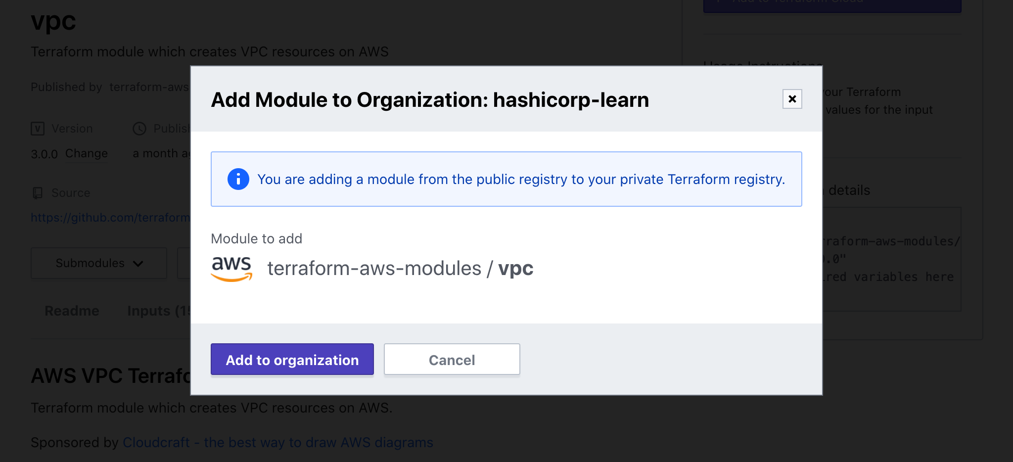 Confirm add VPC module to your organization's private registry