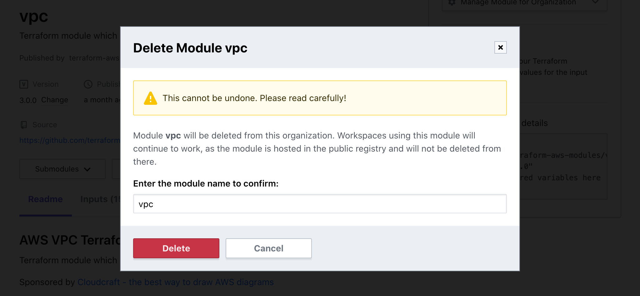 Confirm VPC module removal from your organization's private registry