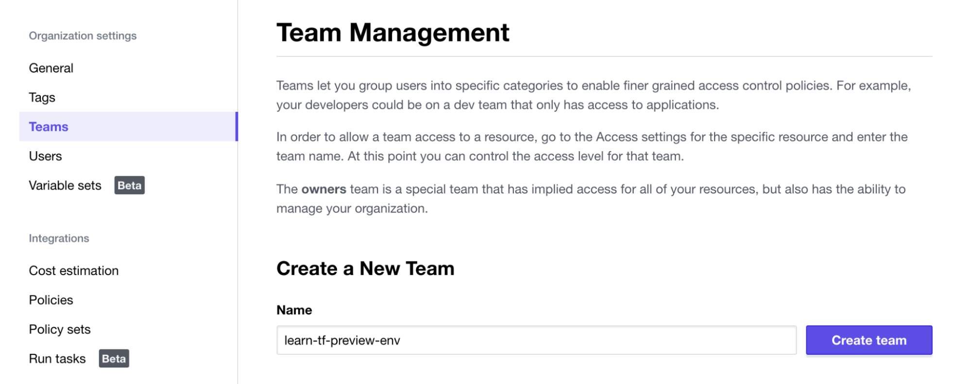 Create new team named `learn-tf-preview-env` in Terraform Cloud