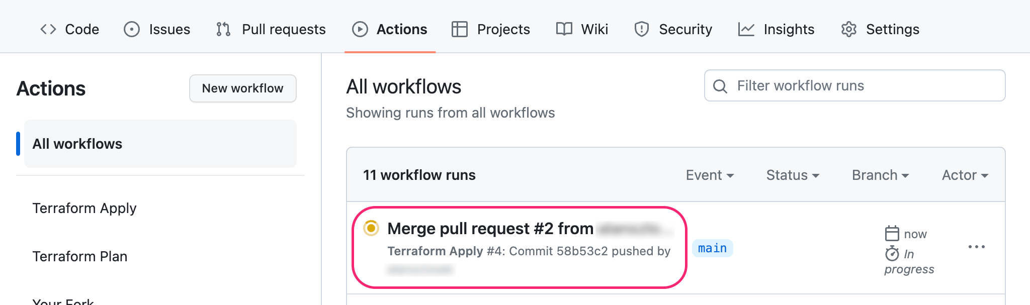 Merged pull request on Actions page of GitHub repository.