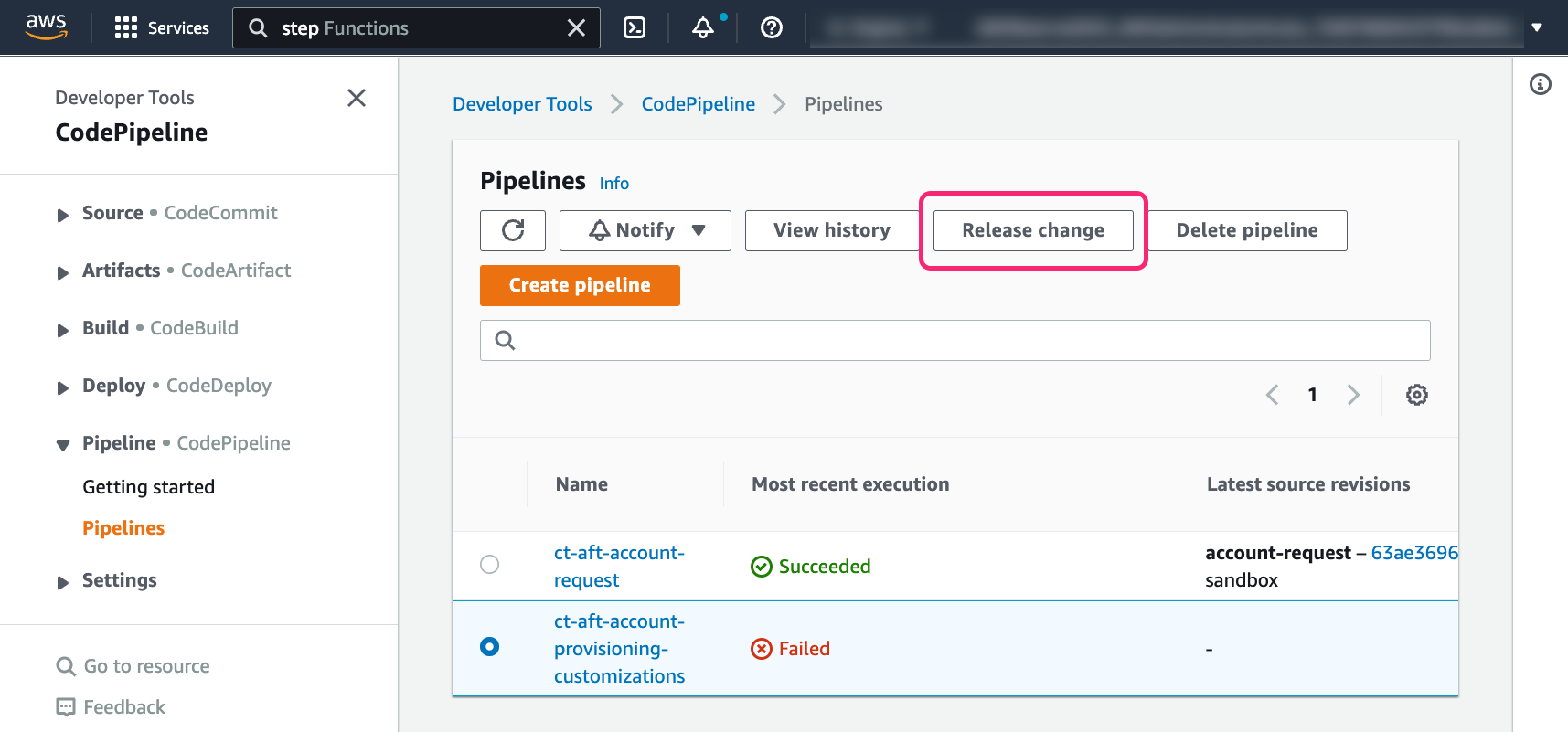 Release changes on AFT account provisioning pipeline