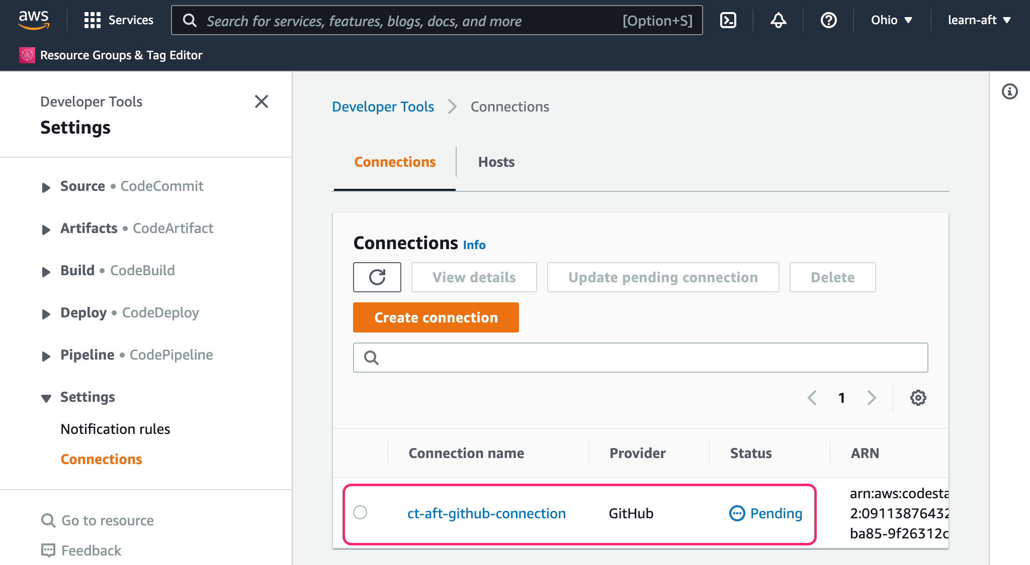 Pending AWS CodeSuite connections