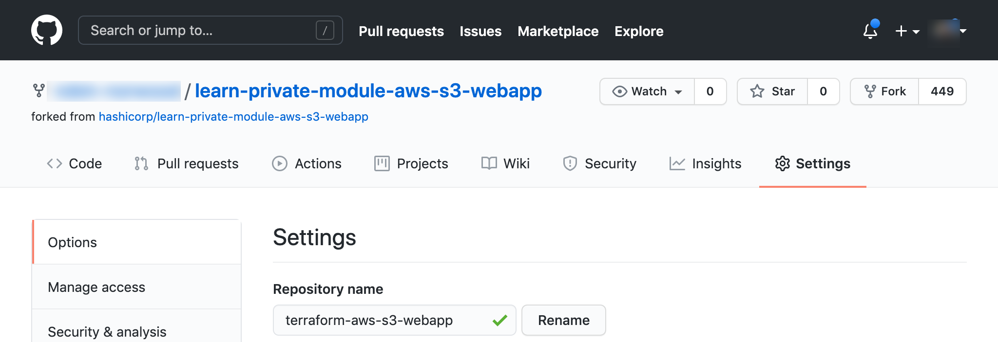 GitHub repository settings with "rename repo" updated