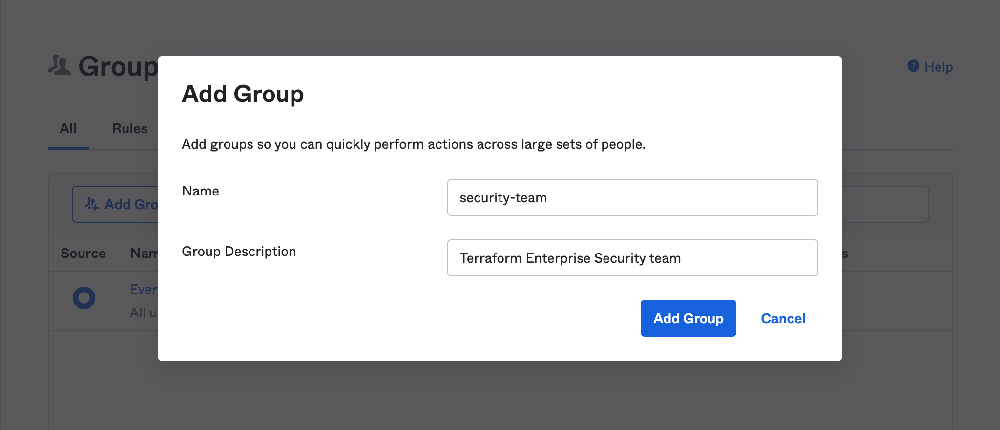 Create a new Okta group named security-team