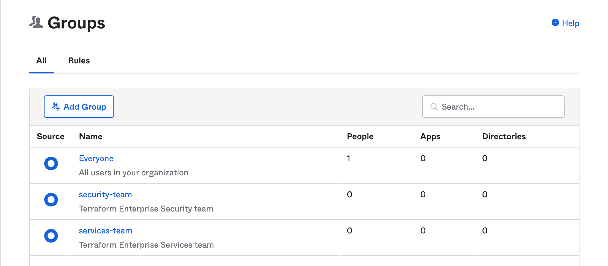 Okta dashboard now shows the two newly created teams: security-team and services-team