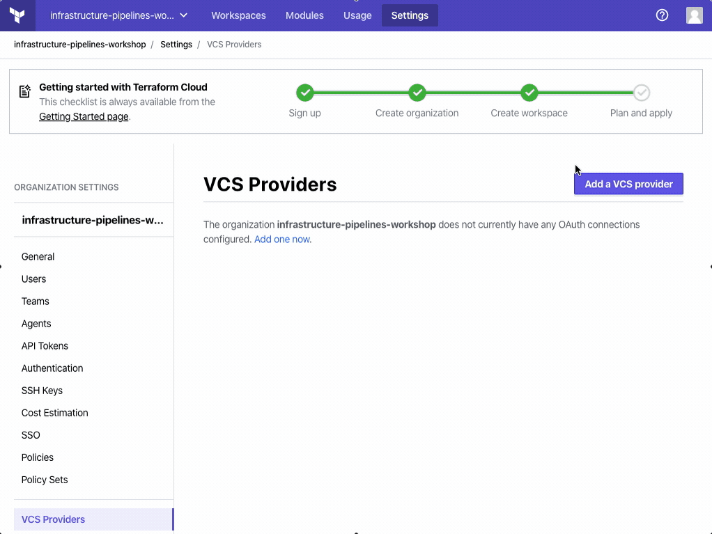 Create a new VCS provider from Terraform Cloud. This step is to retrieve TFC values for your GitHub OAuth application.