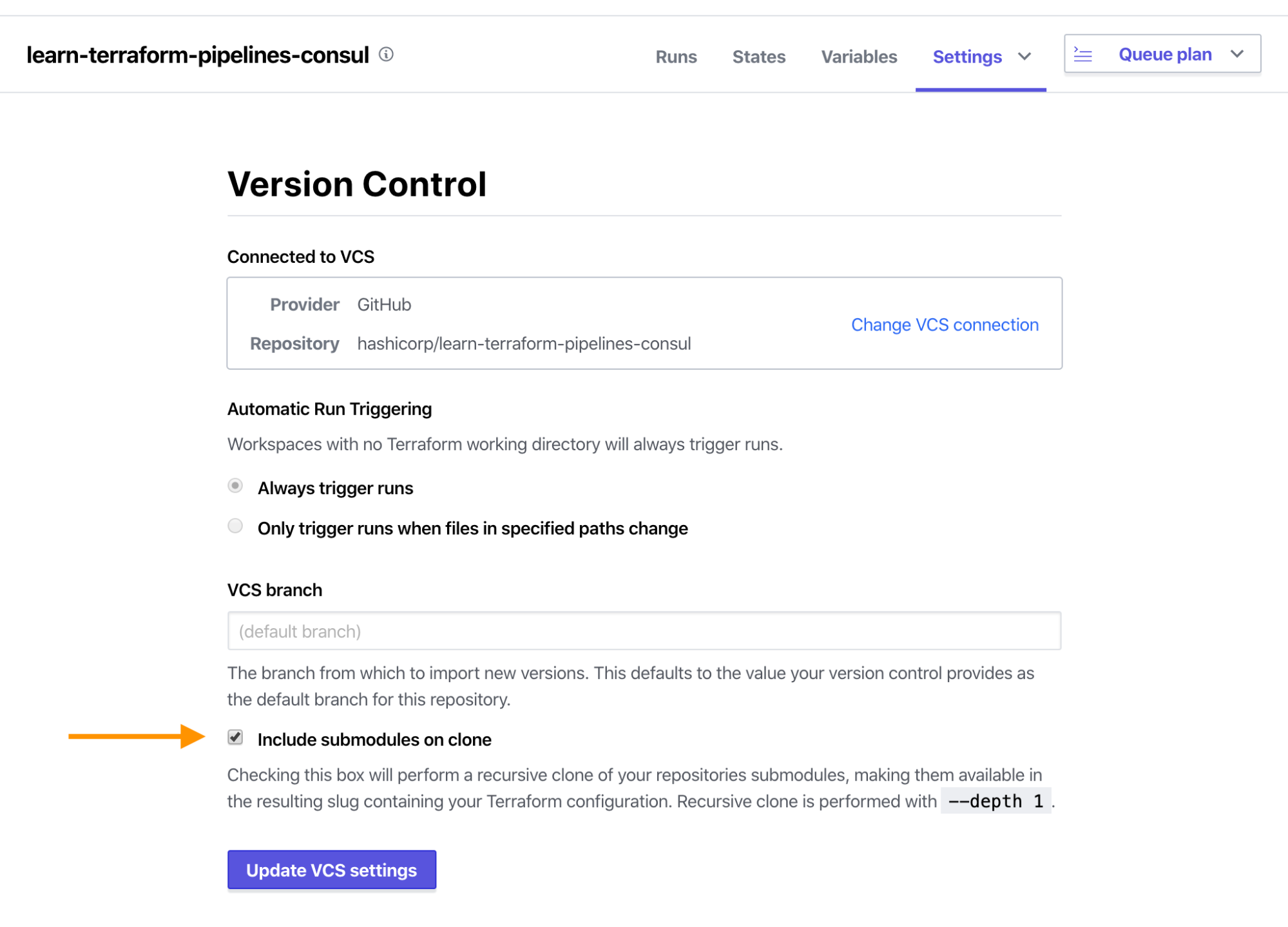 Terraform Cloud Kubernetes Workspace fully configured version control version. Include submodules on clone option has been ticked.