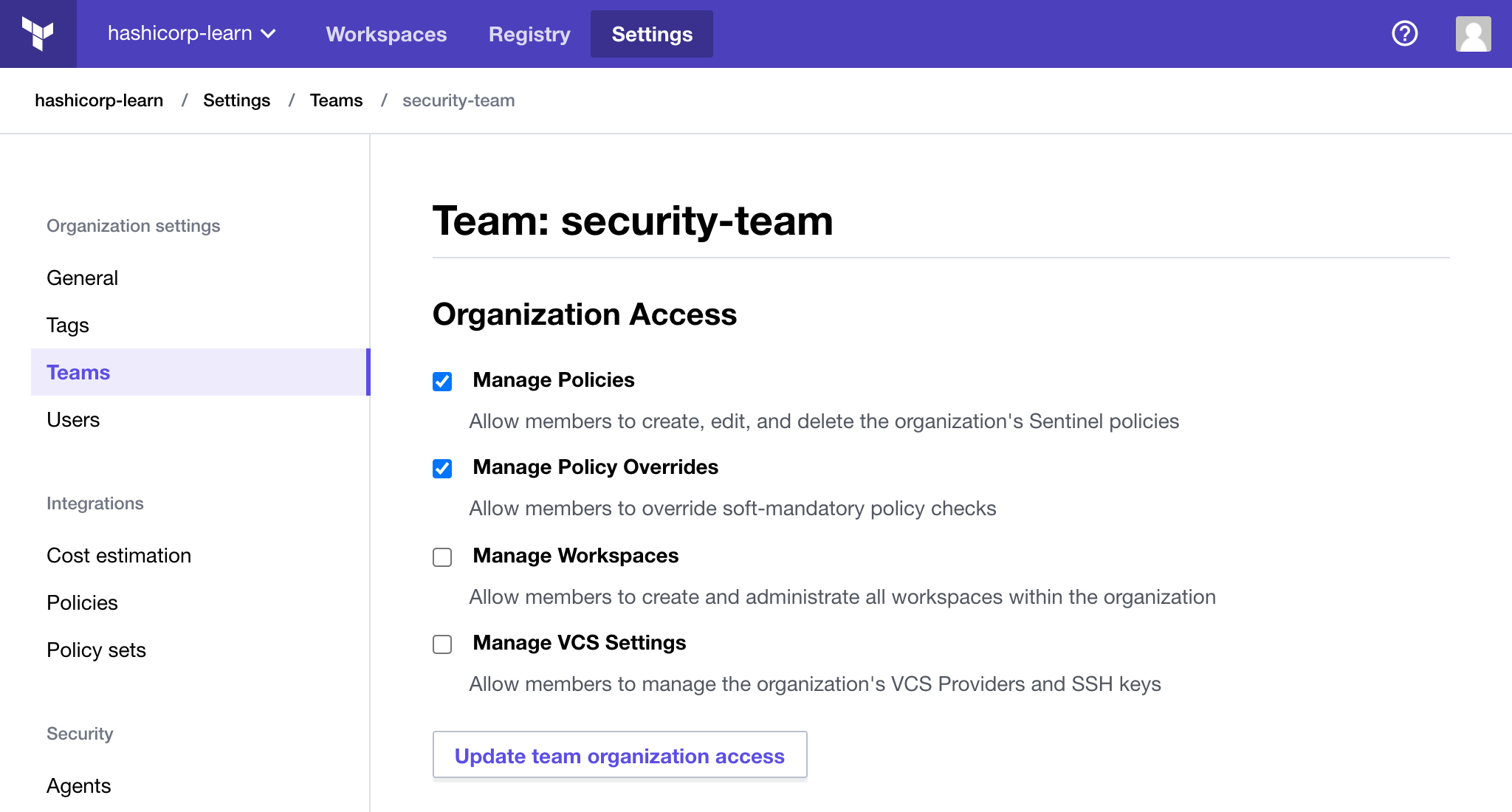 Security team settings page. The security team can manage policies and policy overrides