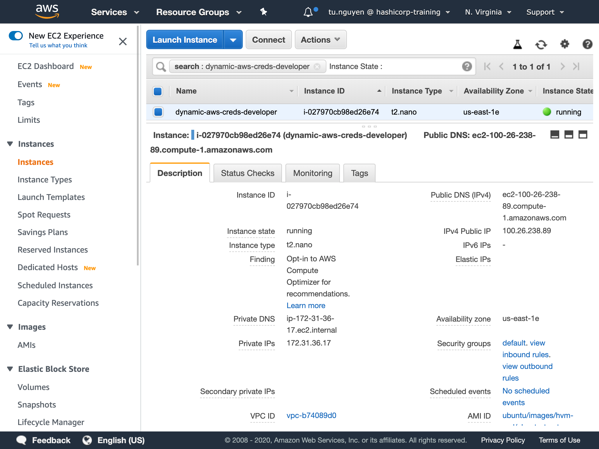 AWS Console showing EC2 instance provisioned by Terraform Operator workspace