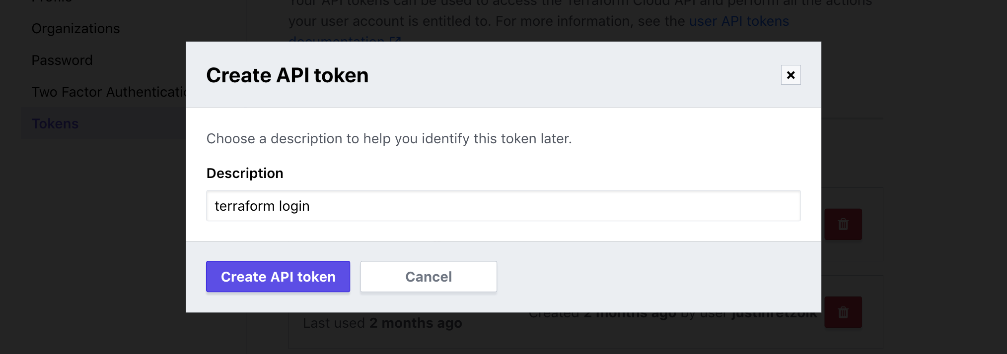 Modal window in Terraform Cloud titled "Create API token". There is a text box to set a name for the token.