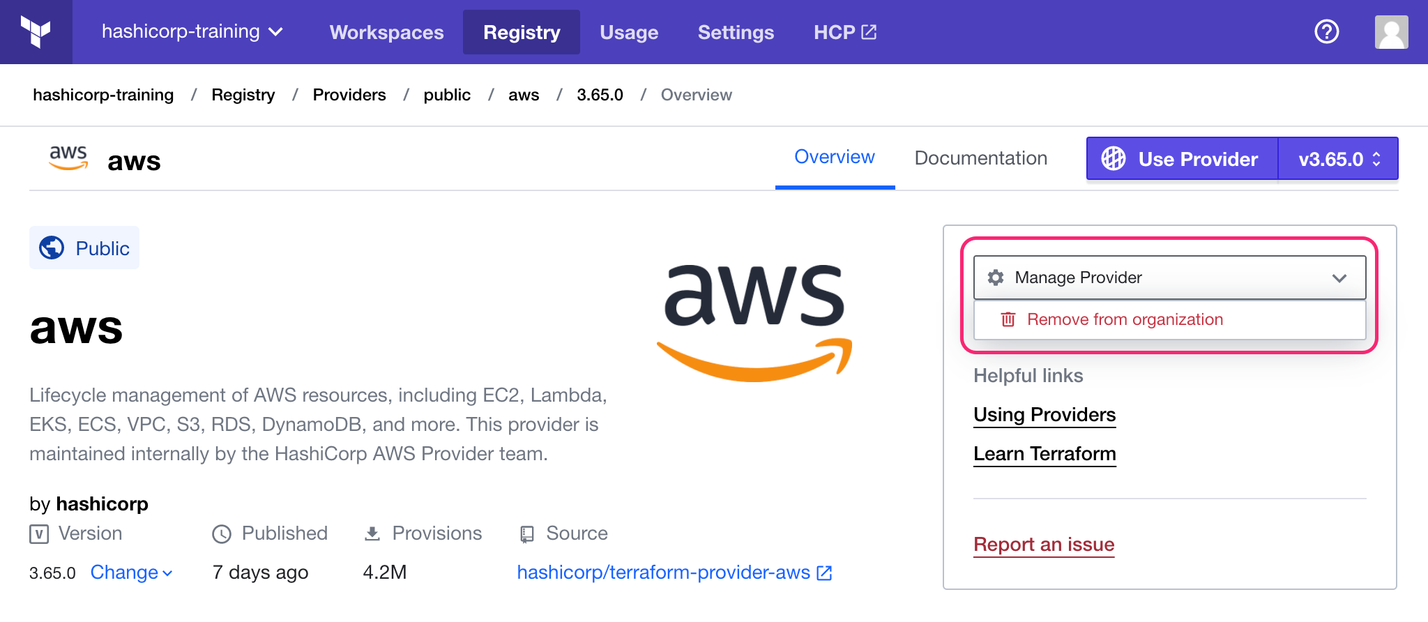 Remove AWS provider from private registry