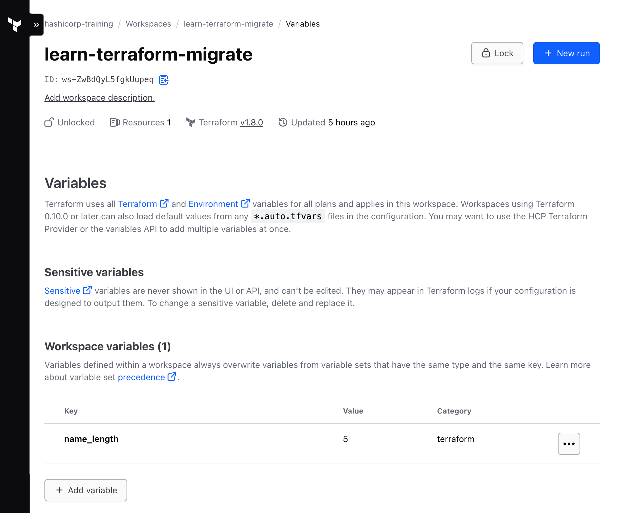 The Terraform Cloud workspace's "Variables" tab with a variable added