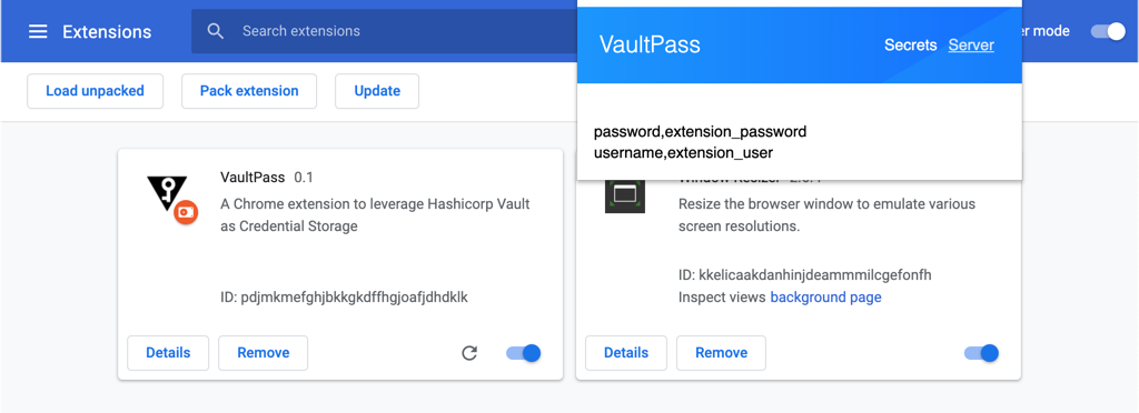 Chrome extension VaultPass logged in loaded secret
